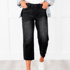 Judy Blue Black High Rise Distressed Raw Hem Cropped Wide Leg Jeans